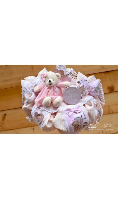 Lumanare de botez cu ursuleti roz, dantela roz si pattern floral cu trandafiri Teddy Bear Pink 22